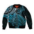 New Zealand Lizard Sleeve Zip Bomber Jacket Silver Fern Aotearoa Maori Blue Version