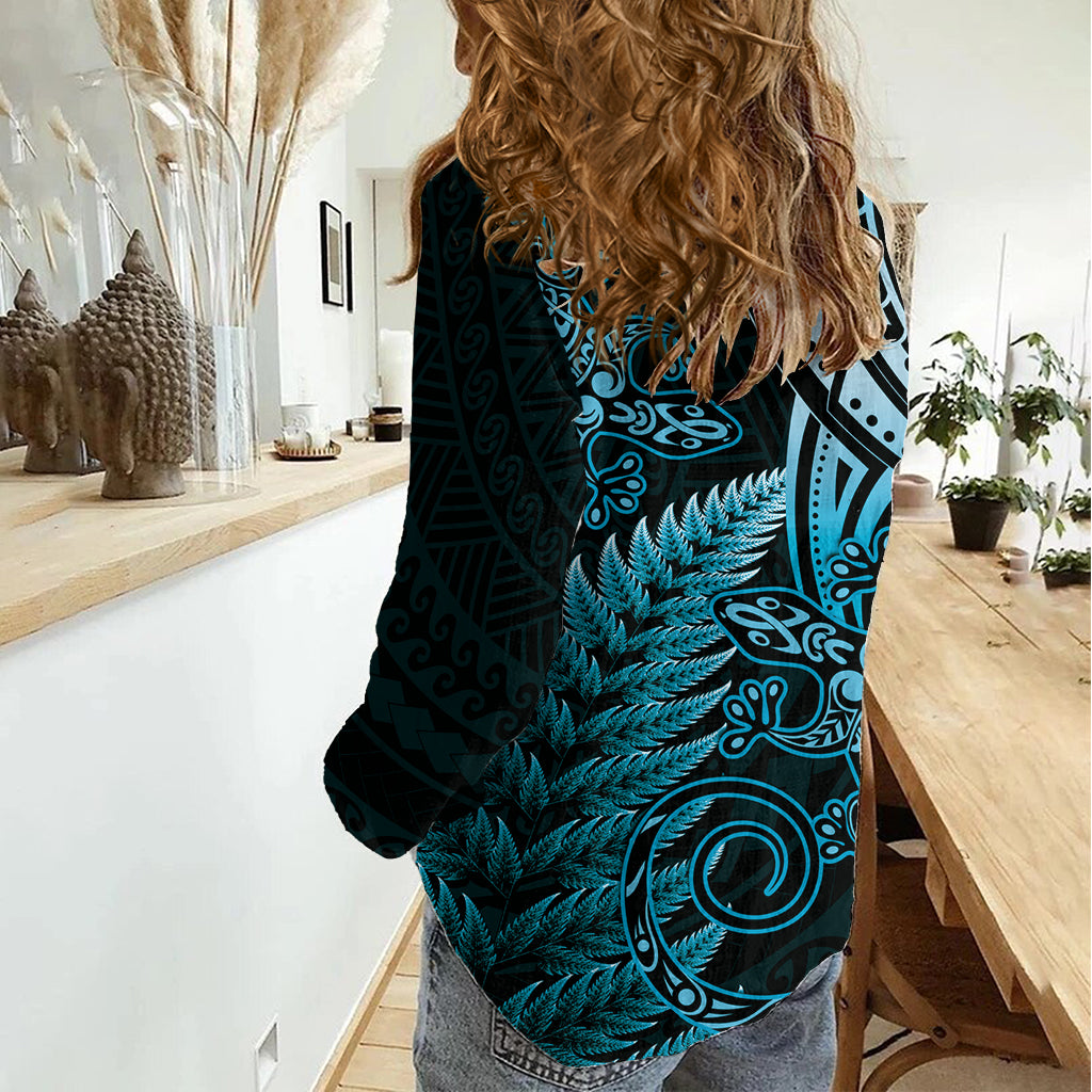 New Zealand Lizard Women Casual Shirt Silver Fern Aotearoa Maori Blue Version
