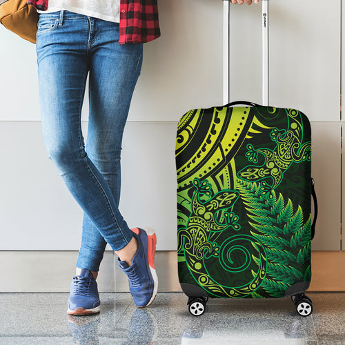New Zealand Lizard Luggage Cover Silver Fern Aotearoa Maori Green Version