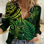 New Zealand Lizard Women Casual Shirt Silver Fern Aotearoa Maori Green Version