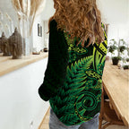 New Zealand Lizard Women Casual Shirt Silver Fern Aotearoa Maori Green Version