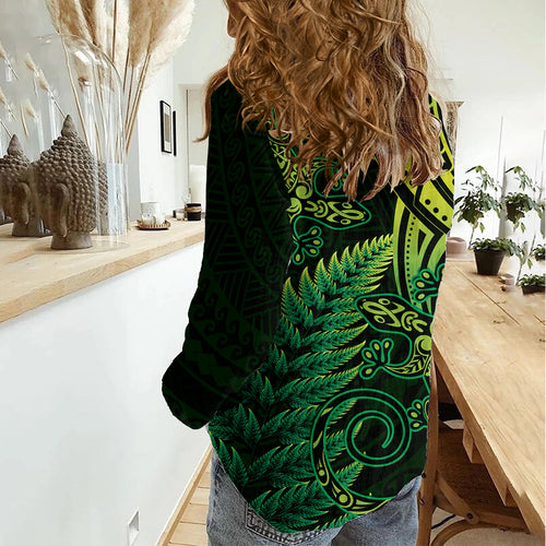New Zealand Lizard Women Casual Shirt Silver Fern Aotearoa Maori Green Version