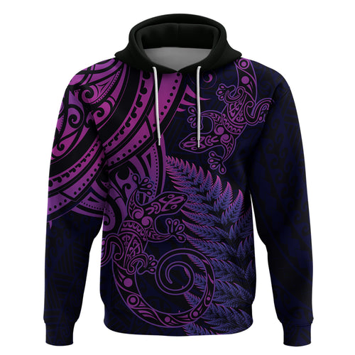 New Zealand Lizard Hoodie Silver Fern Aotearoa Maori Purple Version
