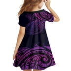 New Zealand Lizard Kid Short Sleeve Dress Silver Fern Aotearoa Maori Purple Version