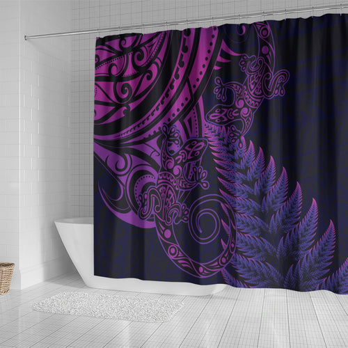 New Zealand Lizard Shower Curtain Silver Fern Aotearoa Maori Purple Version