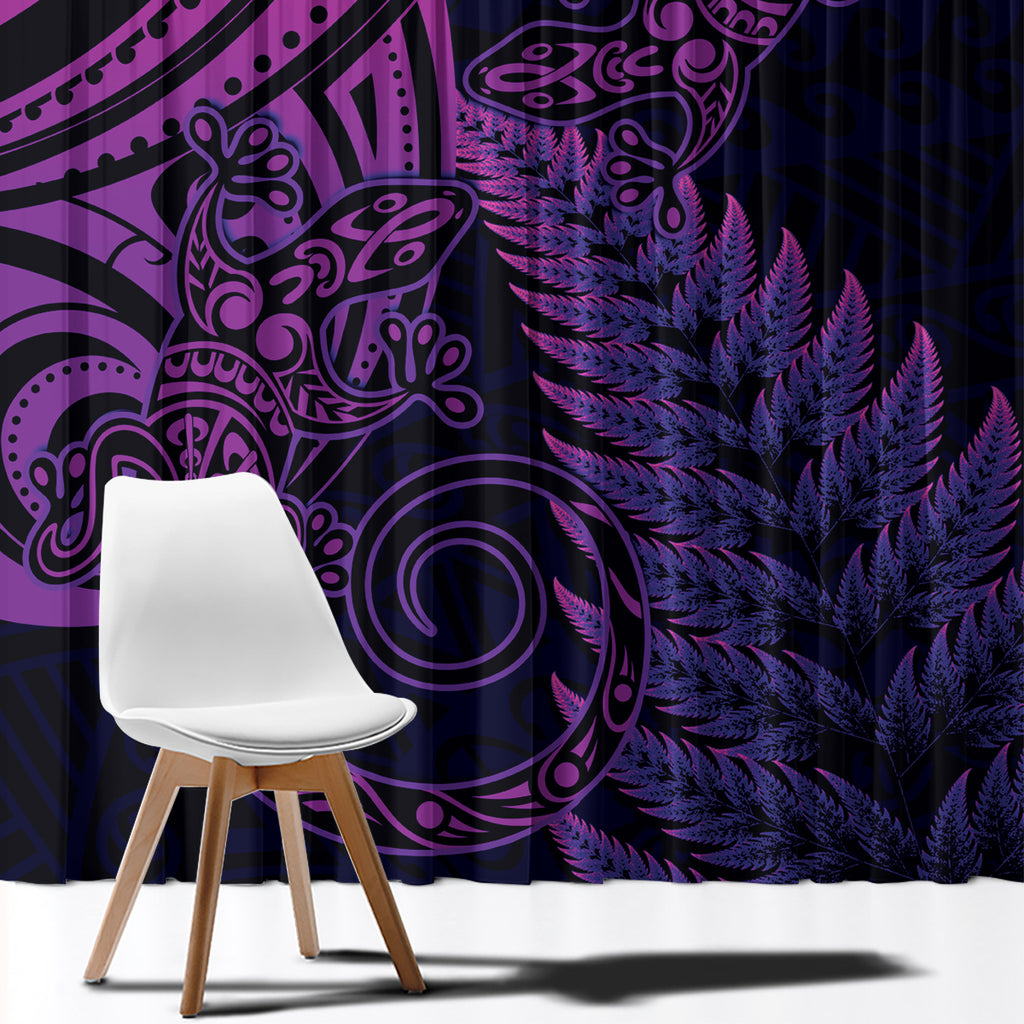 New Zealand Lizard Window Curtain Silver Fern Aotearoa Maori Purple Version