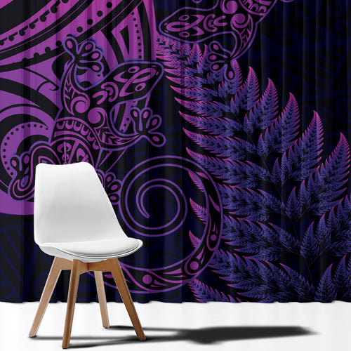 New Zealand Lizard Window Curtain Silver Fern Aotearoa Maori Purple Version
