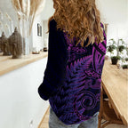 New Zealand Lizard Women Casual Shirt Silver Fern Aotearoa Maori Purple Version