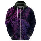 New Zealand Lizard Zip Hoodie Silver Fern Aotearoa Maori Purple Version