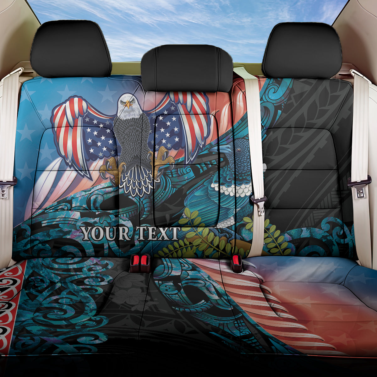 Personalised United States And New Zealand Back Car Seat Cover USA Eagle With Kowhai Aotearoa Tui Bird
