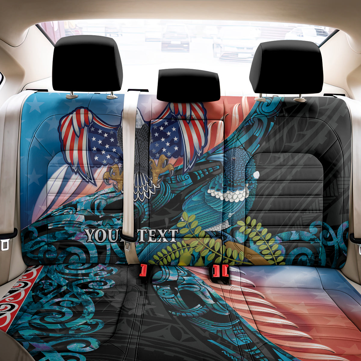 Personalised United States And New Zealand Back Car Seat Cover USA Eagle With Kowhai Aotearoa Tui Bird