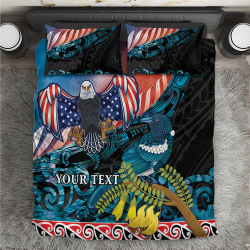 Personalised United States And New Zealand Bedding Set USA Eagle With Kowhai Aotearoa Tui Bird