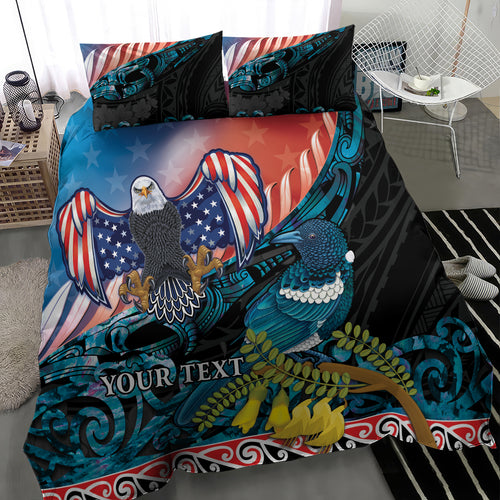 Personalised United States And New Zealand Bedding Set USA Eagle With Kowhai Aotearoa Tui Bird