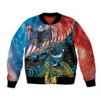 Personalised United States And New Zealand Bomber Jacket USA Eagle With Kowhai Aotearoa Tui Bird