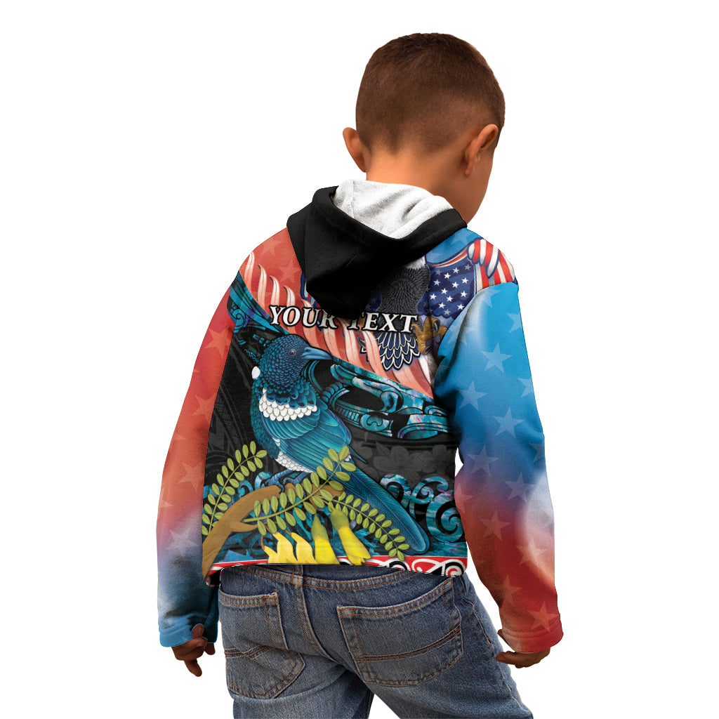 Personalised United States And New Zealand Kid Hoodie USA Eagle With Kowhai Aotearoa Tui Bird
