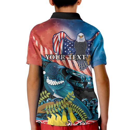Personalised United States And New Zealand Kid Polo Shirt USA Eagle With Kowhai Aotearoa Tui Bird
