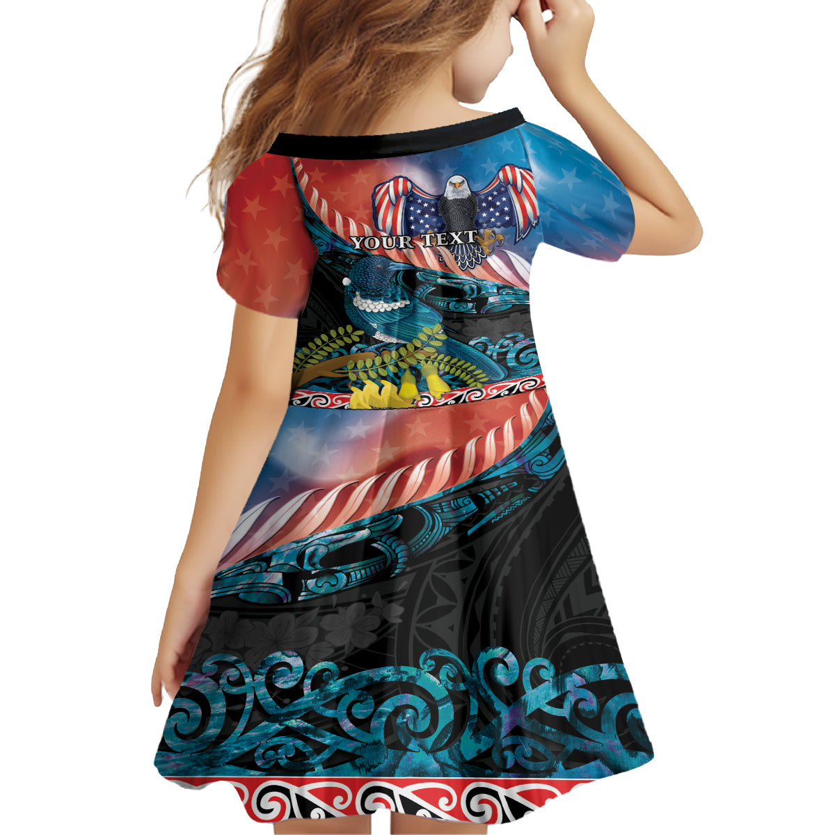 Personalised United States And New Zealand Kid Short Sleeve Dress USA Eagle With Kowhai Aotearoa Tui Bird