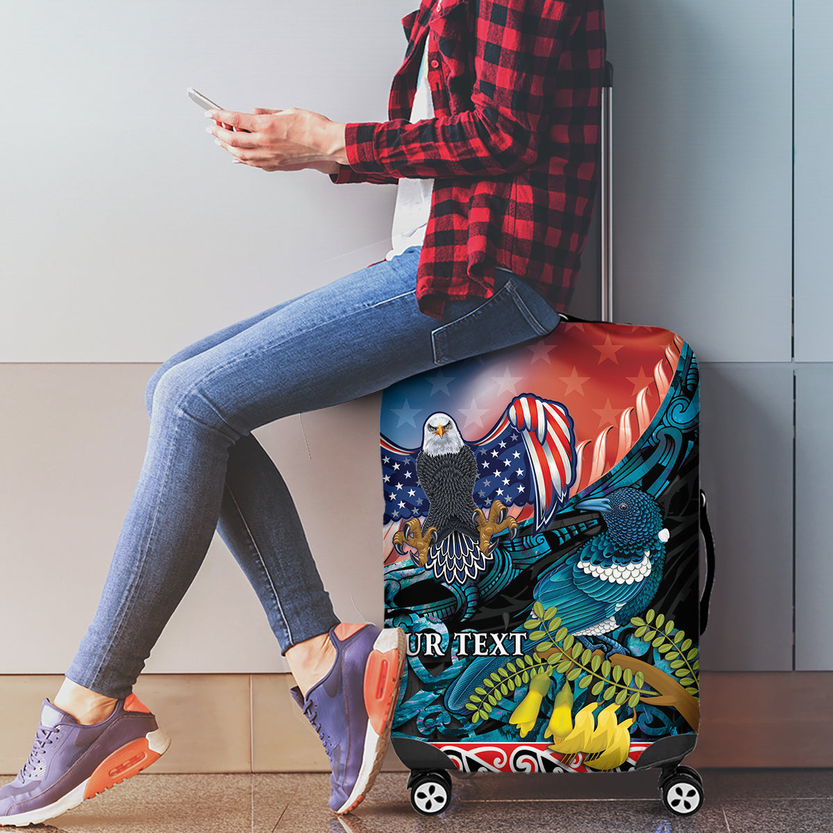 Personalised United States And New Zealand Luggage Cover USA Eagle With Kowhai Aotearoa Tui Bird