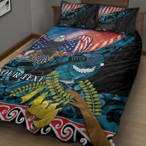 Personalised United States And New Zealand Quilt Bed Set USA Eagle With Kowhai Aotearoa Tui Bird
