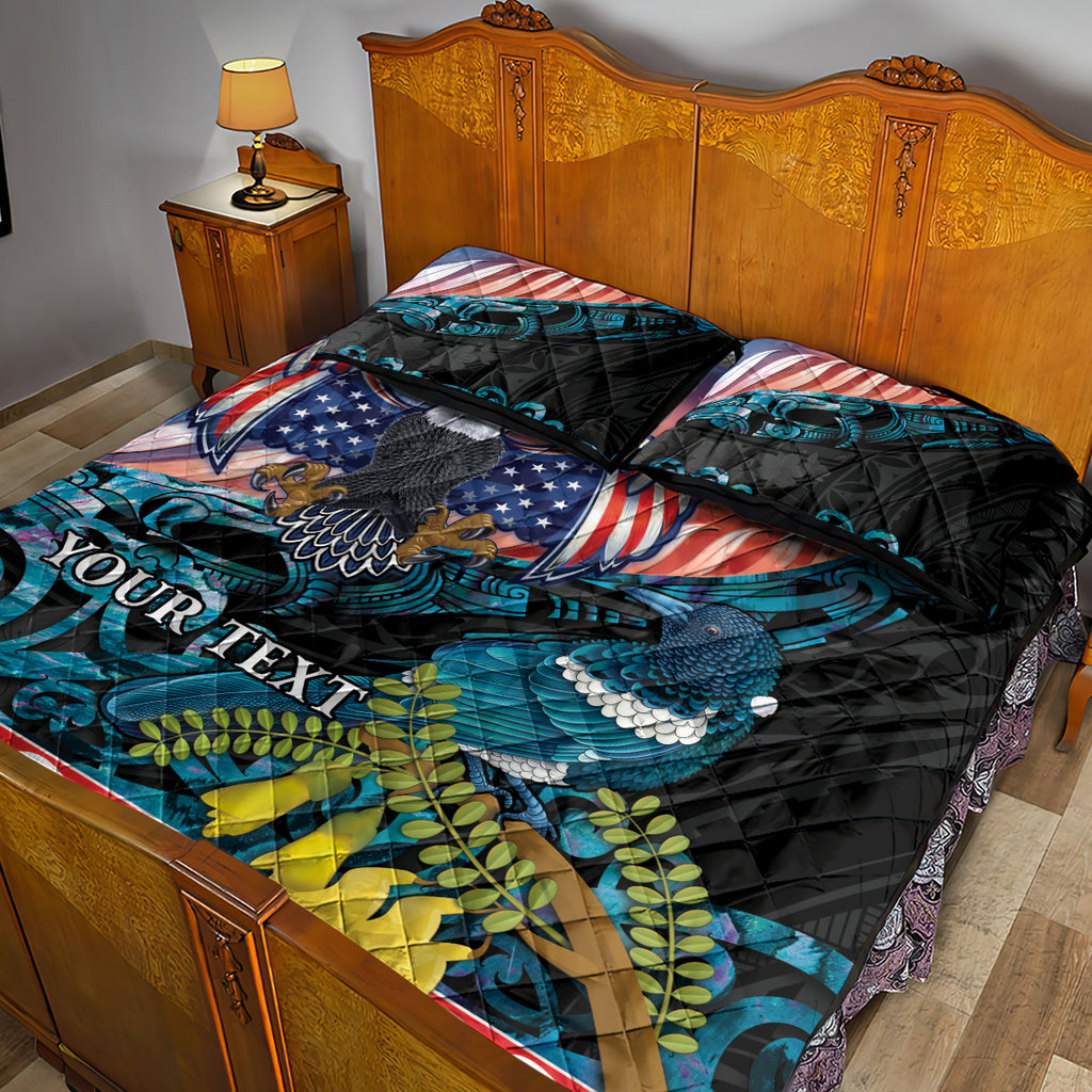 Personalised United States And New Zealand Quilt Bed Set USA Eagle With Kowhai Aotearoa Tui Bird
