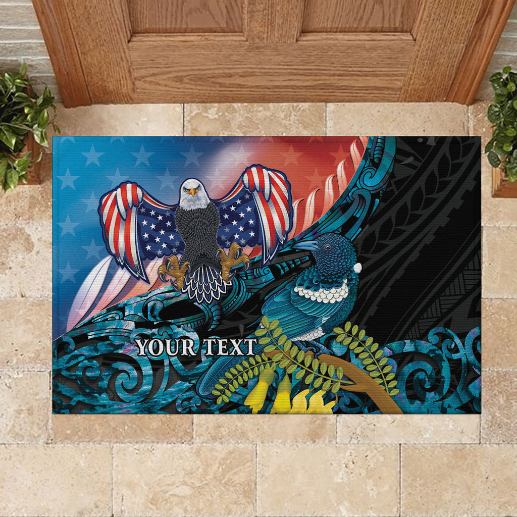 Personalised United States And New Zealand Rubber Doormat USA Eagle With Kowhai Aotearoa Tui Bird