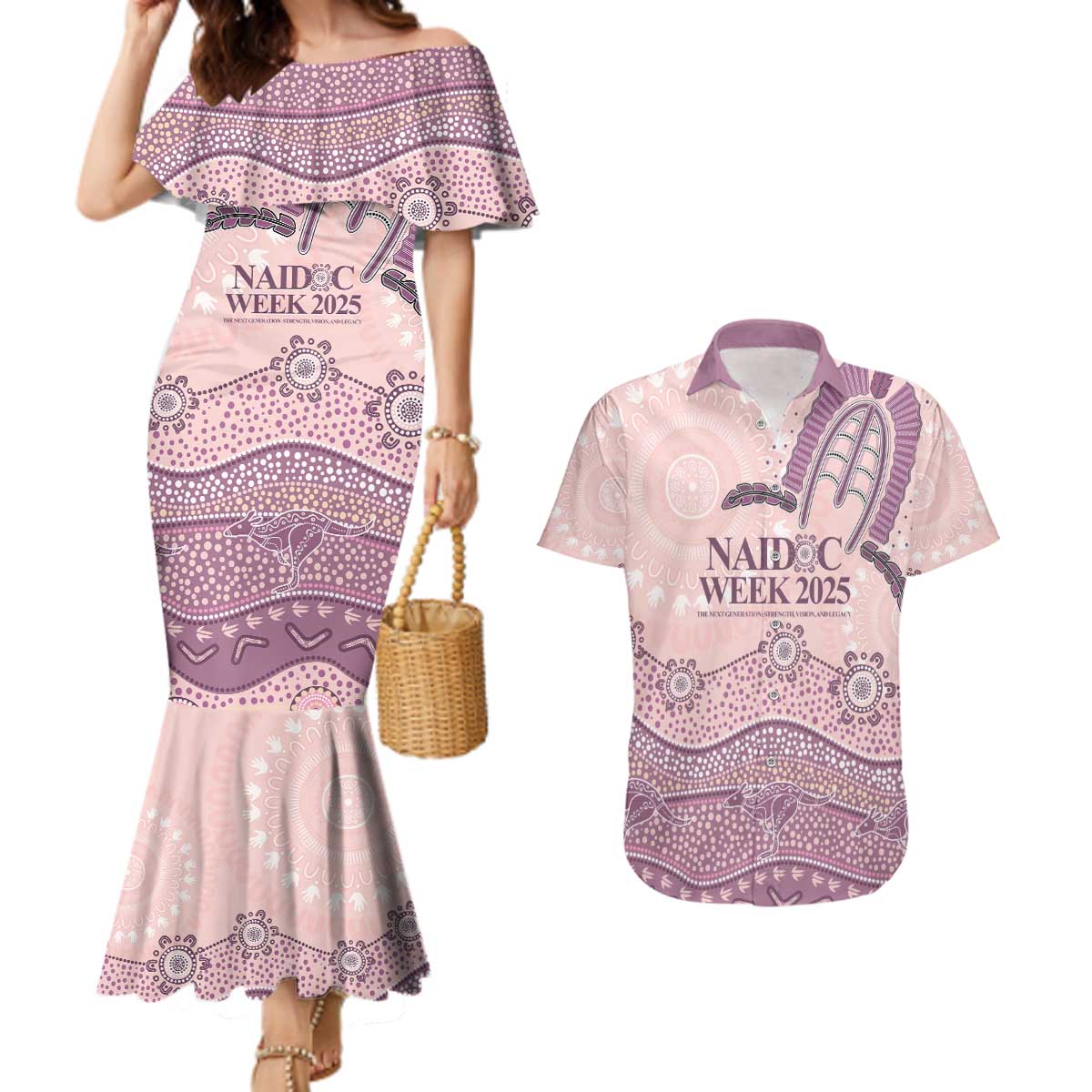 Personalised Australia NAIDOC Week Dhari Aboriginal Art Couples Matching Mermaid Dress and Hawaiian Shirt