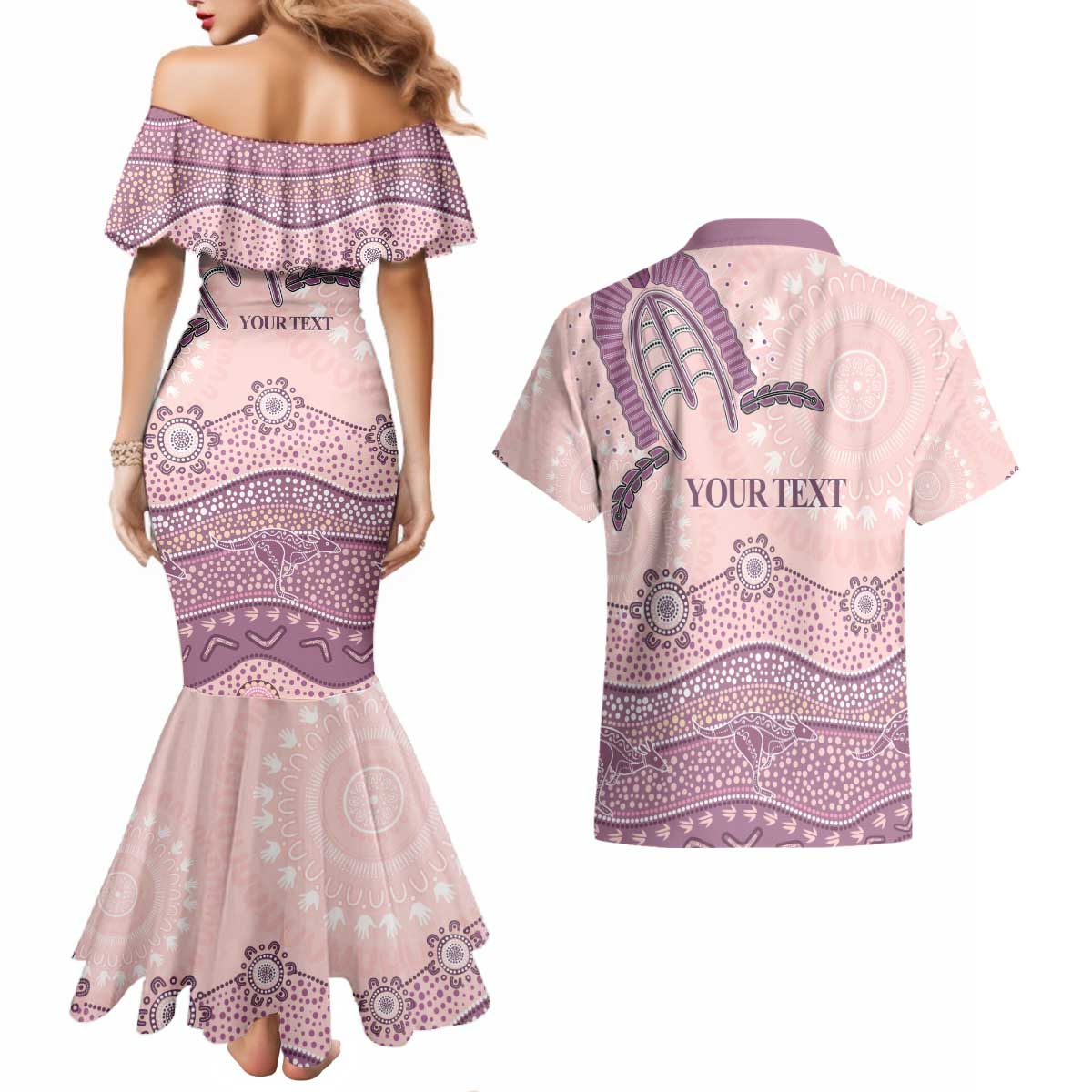 Personalised Australia NAIDOC Week Dhari Aboriginal Art Couples Matching Mermaid Dress and Hawaiian Shirt