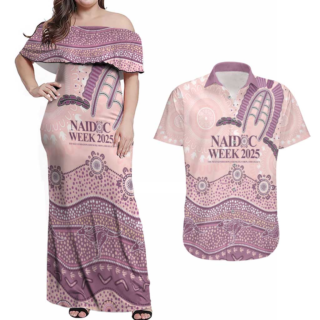 Personalised Australia NAIDOC Week Dhari Aboriginal Art Couples Matching Off Shoulder Maxi Dress and Hawaiian Shirt