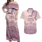 Personalised Australia NAIDOC Week Dhari Aboriginal Art Couples Matching Off Shoulder Maxi Dress and Hawaiian Shirt