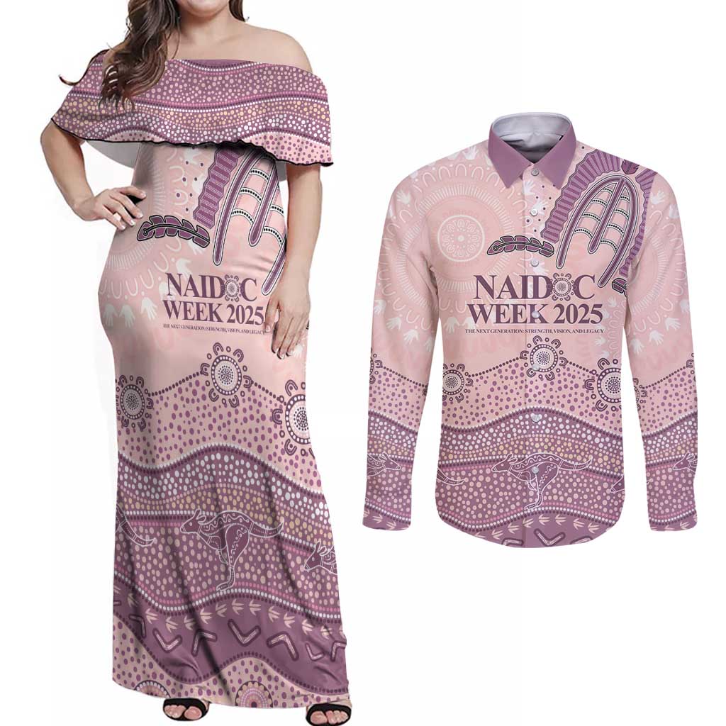 Personalised Australia NAIDOC Week Dhari Aboriginal Art Couples Matching Off Shoulder Maxi Dress and Long Sleeve Button Shirt