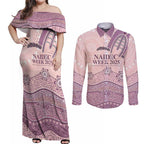 Personalised Australia NAIDOC Week Dhari Aboriginal Art Couples Matching Off Shoulder Maxi Dress and Long Sleeve Button Shirt