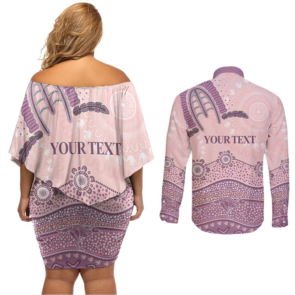 Personalised Australia NAIDOC Week Dhari Aboriginal Art Couples Matching Off Shoulder Short Dress and Long Sleeve Button Shirt