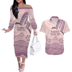 Personalised Australia NAIDOC Week Dhari Aboriginal Art Couples Matching Off The Shoulder Long Sleeve Dress and Hawaiian Shirt