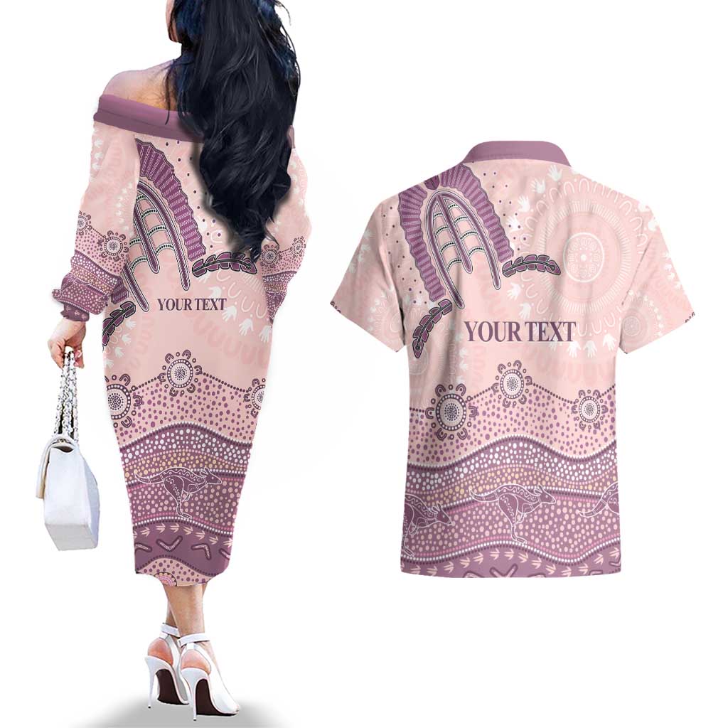 Personalised Australia NAIDOC Week Dhari Aboriginal Art Couples Matching Off The Shoulder Long Sleeve Dress and Hawaiian Shirt