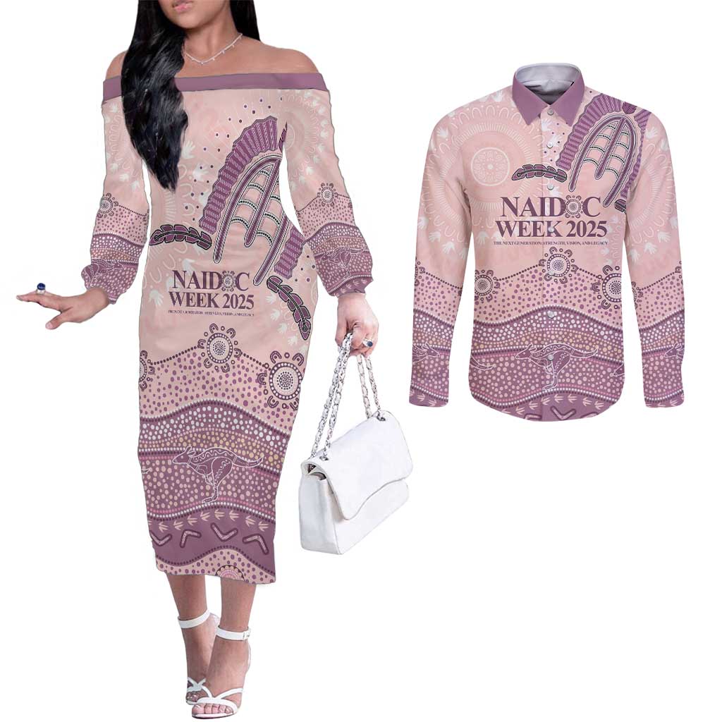 Personalised Australia NAIDOC Week Dhari Aboriginal Art Couples Matching Off The Shoulder Long Sleeve Dress and Long Sleeve Button Shirt