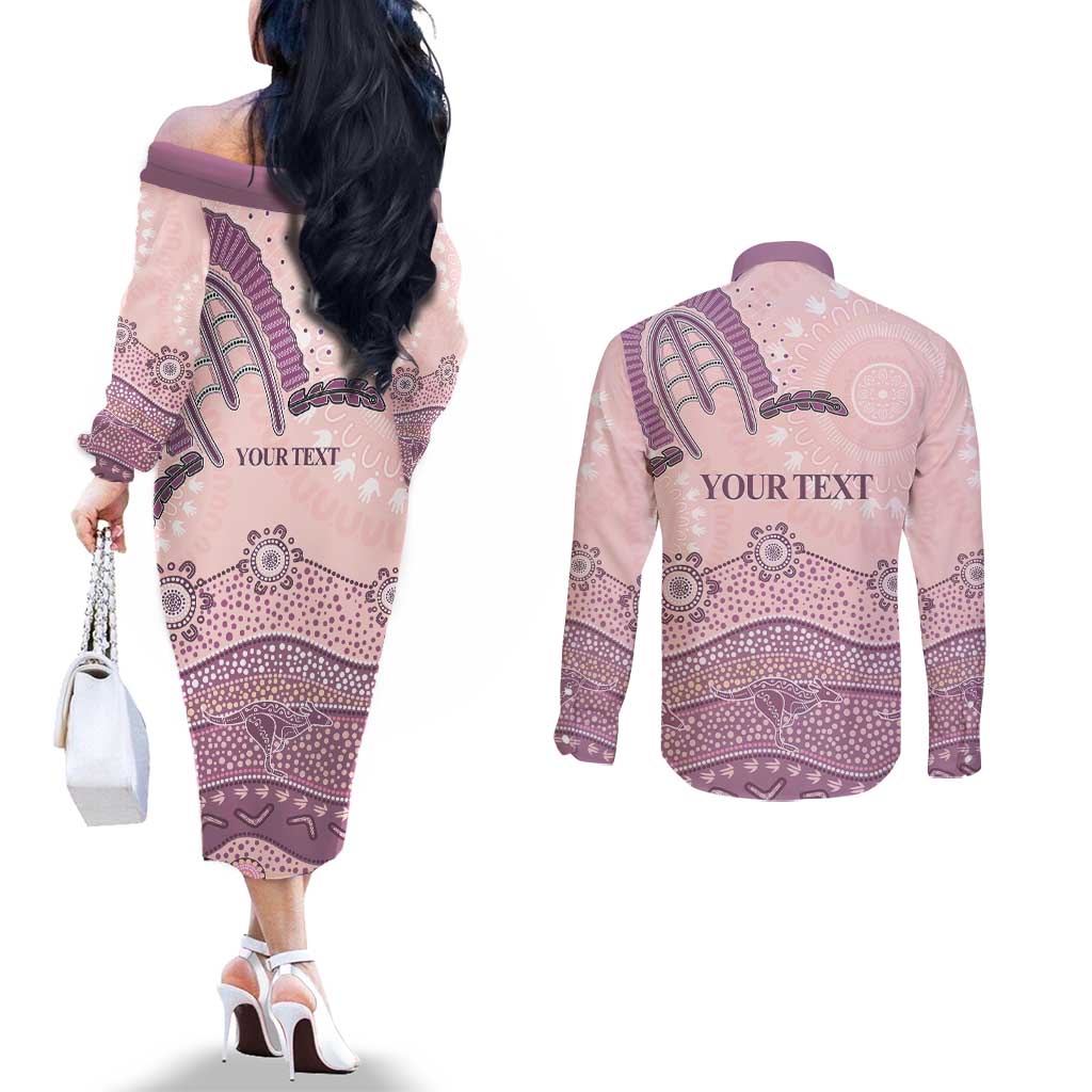 Personalised Australia NAIDOC Week Dhari Aboriginal Art Couples Matching Off The Shoulder Long Sleeve Dress and Long Sleeve Button Shirt