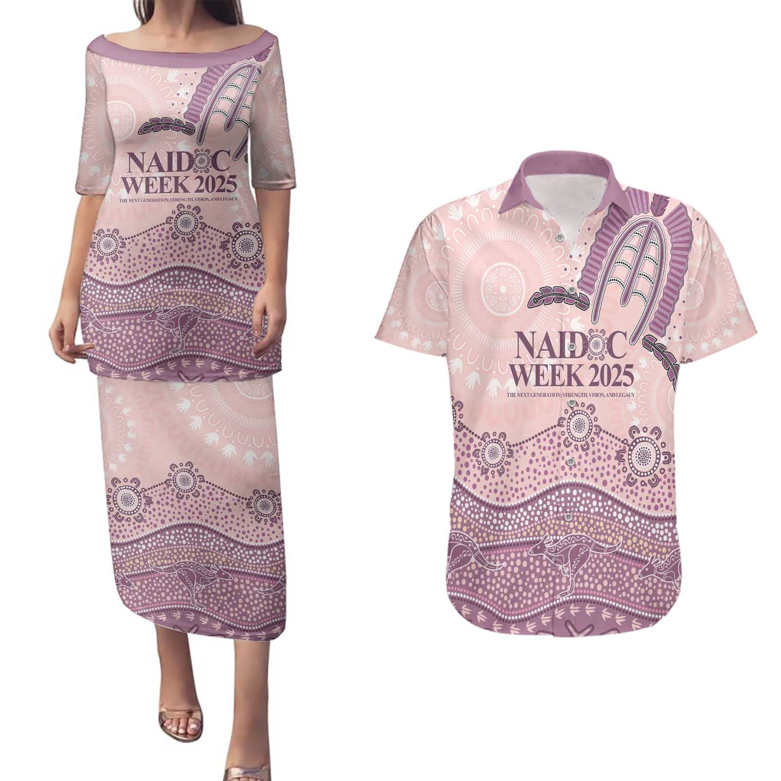 Personalised Australia NAIDOC Week Dhari Aboriginal Art Couples Matching Puletasi and Hawaiian Shirt