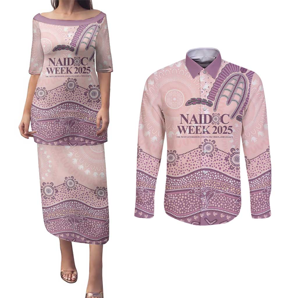 Personalised Australia NAIDOC Week Dhari Aboriginal Art Couples Matching Puletasi and Long Sleeve Button Shirt