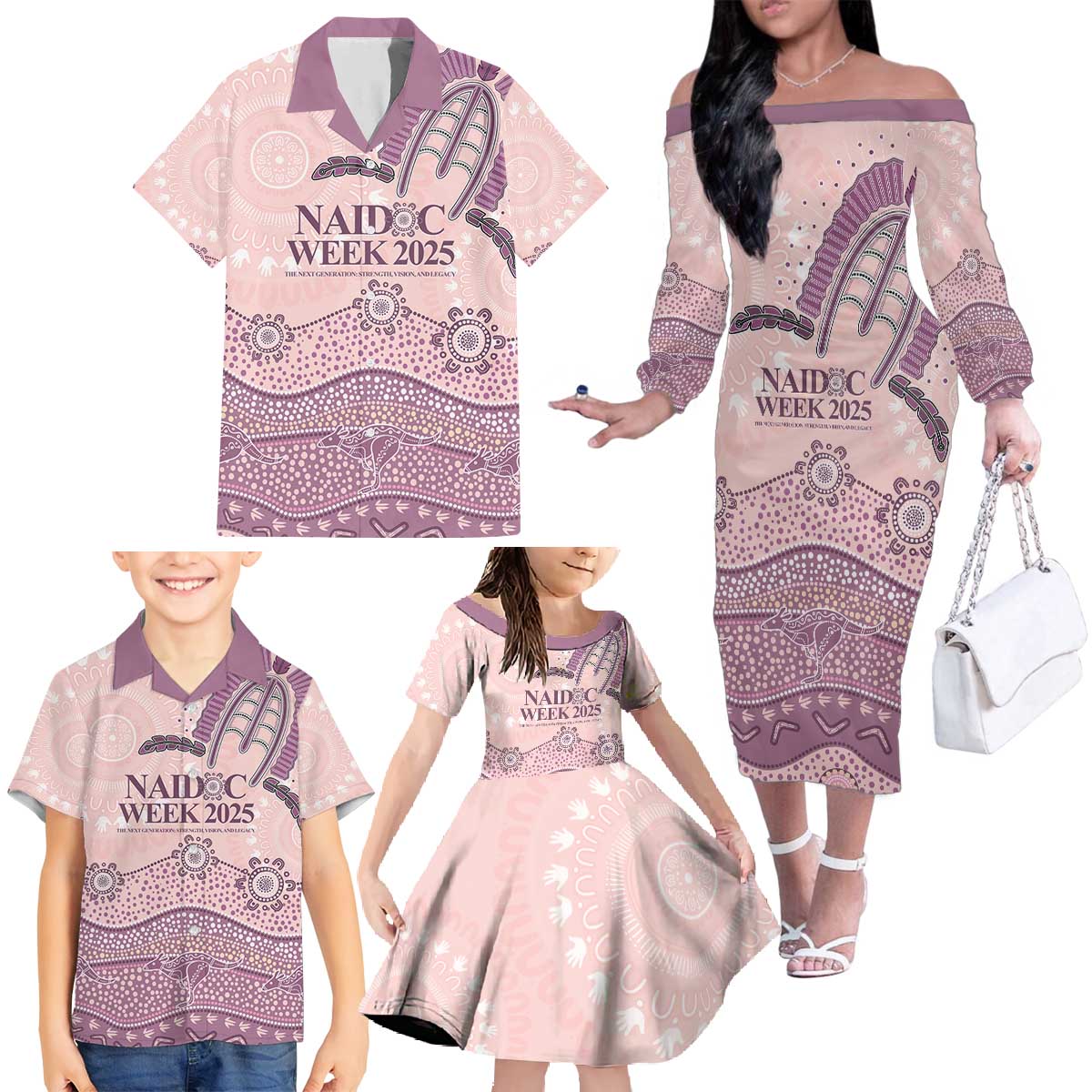 Personalised Australia NAIDOC Week Dhari Aboriginal Art Family Matching Off The Shoulder Long Sleeve Dress and Hawaiian Shirt