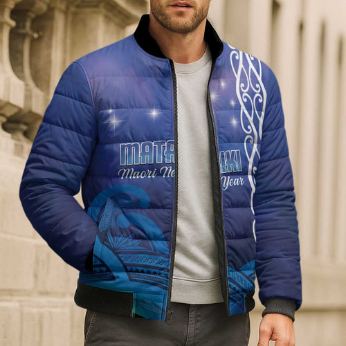 Personalised Matariki New Zealand Bomber Puffer Jacket Maori New Year Galaxy Koru Pattern - Aussie Hoodie