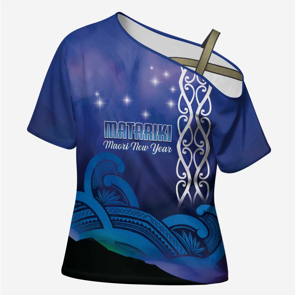 Personalised Matariki New Zealand Cross Shoulder Shirt Maori New Year Galaxy Koru Pattern - Aussie Hoodie