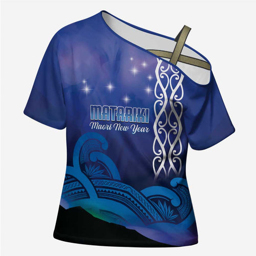 Personalised Matariki New Zealand Cross Shoulder Shirt Maori New Year Galaxy Koru Pattern - Aussie Hoodie