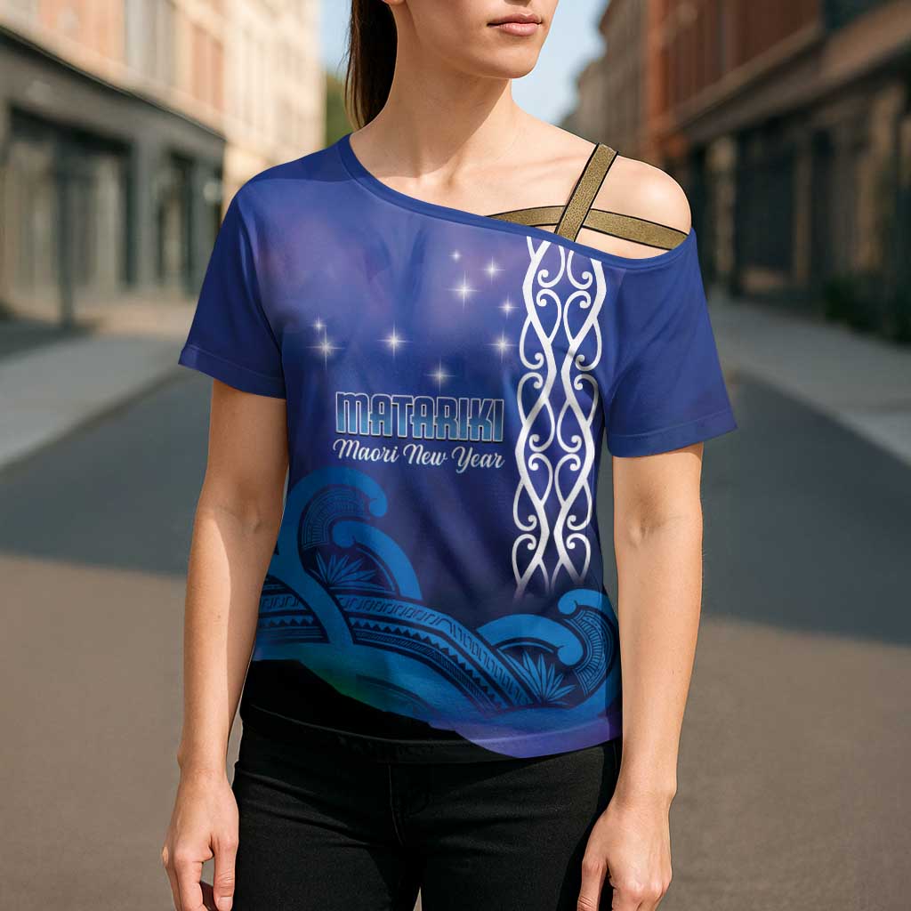 Personalised Matariki New Zealand Cross Shoulder Shirt Maori New Year Galaxy Koru Pattern - Aussie Hoodie