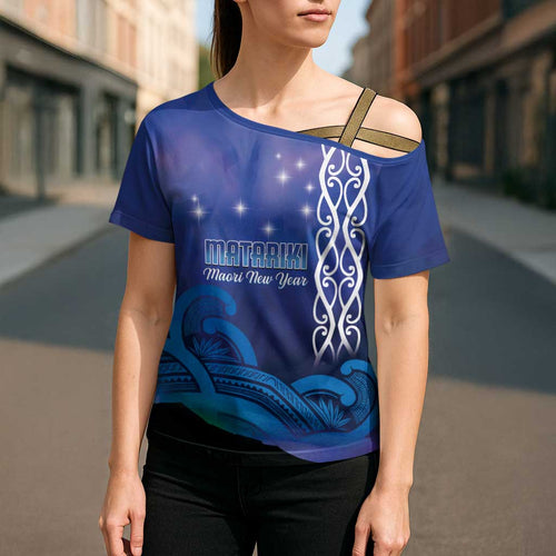 Personalised Matariki New Zealand Cross Shoulder Shirt Maori New Year Galaxy Koru Pattern - Aussie Hoodie