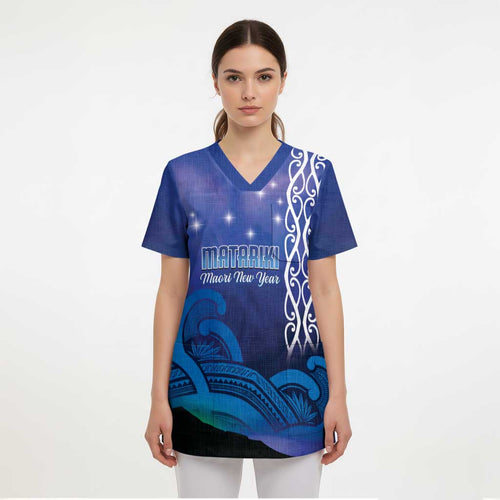 Personalised Matariki New Zealand Scrub Top Maori New Year Galaxy Koru Pattern - Aussie Hoodie