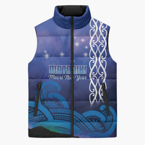 Personalised Matariki New Zealand Sleeveless Puffer Jacket Maori New Year Galaxy Koru Pattern - Aussie Hoodie