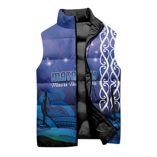 Personalised Matariki New Zealand Sleeveless Puffer Jacket Maori New Year Galaxy Koru Pattern - Aussie Hoodie