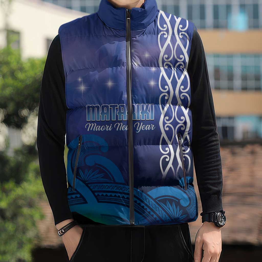 Personalised Matariki New Zealand Sleeveless Puffer Jacket Maori New Year Galaxy Koru Pattern - Aussie Hoodie