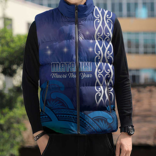 Personalised Matariki New Zealand Sleeveless Puffer Jacket Maori New Year Galaxy Koru Pattern - Aussie Hoodie