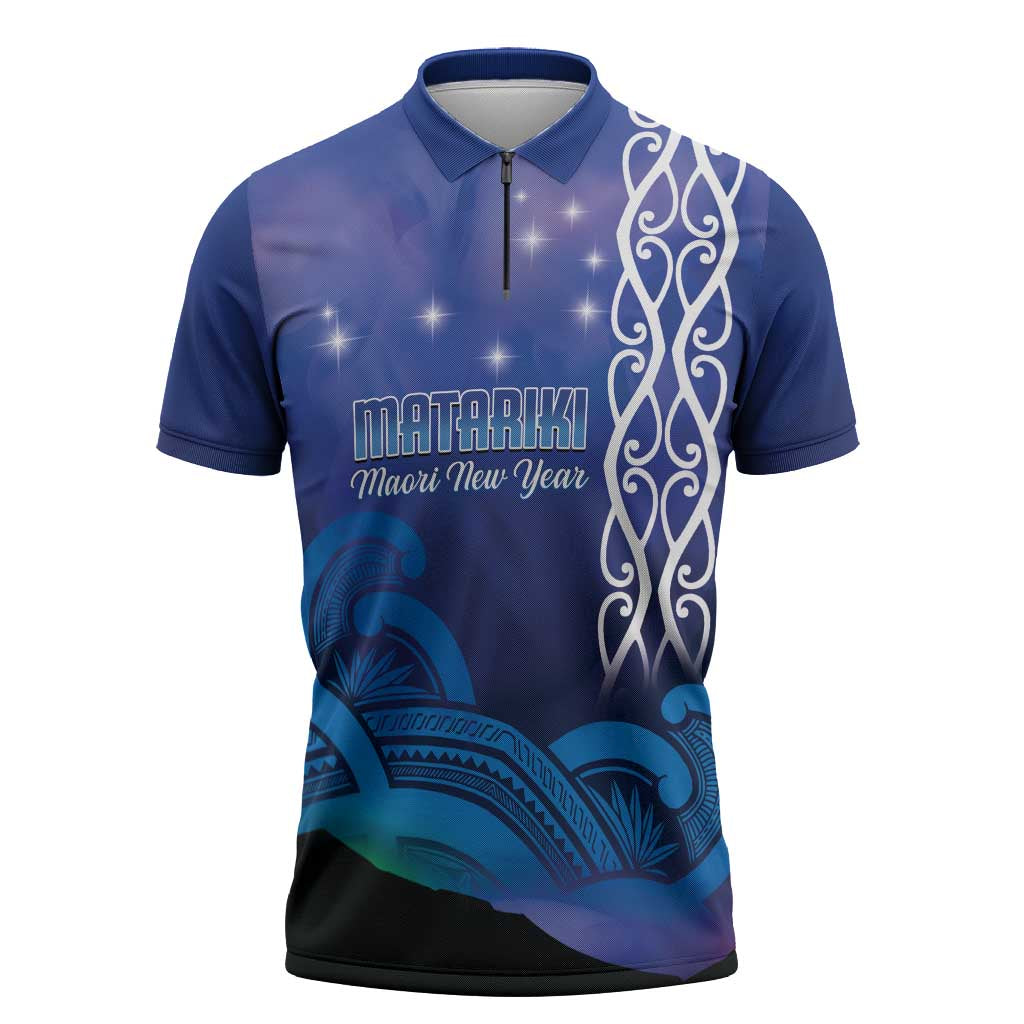 Personalised Matariki New Zealand Zipper Polo Shirt Maori New Year Galaxy Koru Pattern - Aussie Hoodie